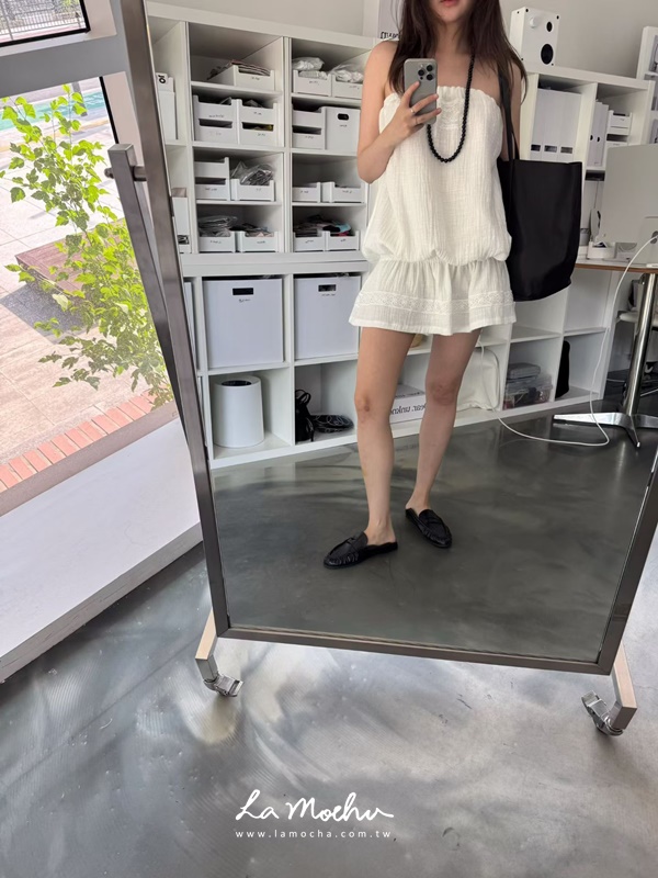 泡泡棉麻蕾絲平口洋裝